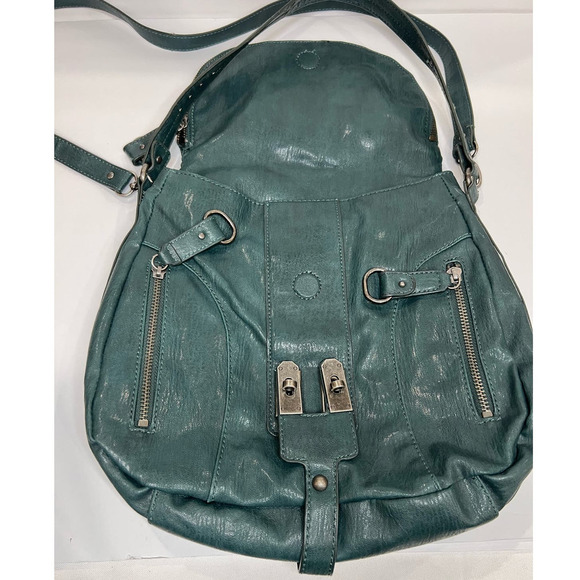 Jessica Simpson Large Green Faux Leather Shoulder Tote Handbag Purse Silver - Picture 5 of 10